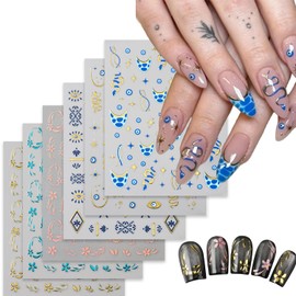 6 Sheets Flower French Tip Nails Stickers Decals Star Snake Nails Art Stickers Self-Adhesive Eye Design Nail Art Decals for Women DIY Nails Decorations