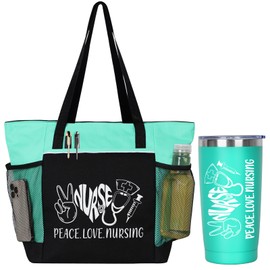 Peace, Love, Nursing. 2 Pieces - Nurse Gifts for Women Includes Zippered Tote Bag and Stainless Steel Insulated Tumbler, Nurse Appreciation Gift, Nurse Accessories for Work, Nurse Bag for Work(Green)