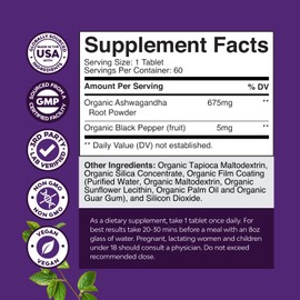 High Strength Organic Ashwagandha Supplements - Ashwagandha Organic Tablets for Mood Support & Hormone Balance for Women & Men - Root Extract Powder with Black Pepper for Better Absorption - 60 Ct