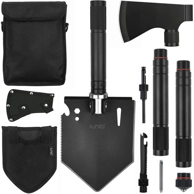 iunio Folding Shovel and Camping Axe Tool Kit, with Carrying Bag, Multitool Spade, Survival Hatchet for Camping, Hiking, Backpacking, Entrenching, Car Emergency