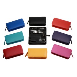 Manicure Set 4-Piece Travel Case - Nail Scissors, Nail Clippers, Nail File and Tweezers - Case Made of Genuine Nappa Lambskin Leather - Manicure and Pedicure (Purple)