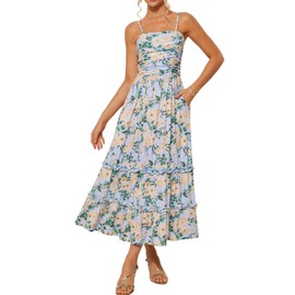 Women's 2025 Summer Floral Boho Dress Square Neck Flowy Swing A Line Beach Long Maxi Dress with Pockets