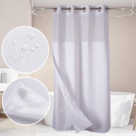 48" W x74“ L Hook Free Fabric Stall Shower Curtain with Polyester Snap-in Liner with Magnets–Hotel Quality Top See Through White