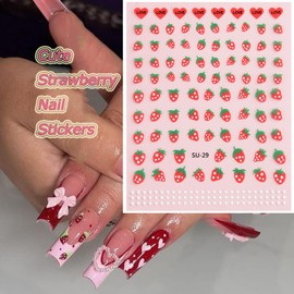 Strawberry Nail Art Stickers Decals 3D Cute Fruit Nail Decals Summer Strawberry Nail Art Decorations Supplies Sweet Red Heart Designs Summer Nails Adhesive Sliders for Women DIY Nail Salons