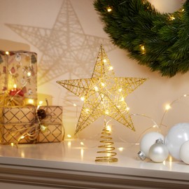 com-four® LED Christmas decorative star – Christmas decoration star with LED light and timer – standing Christmas star with sequins (gold/25 cm)