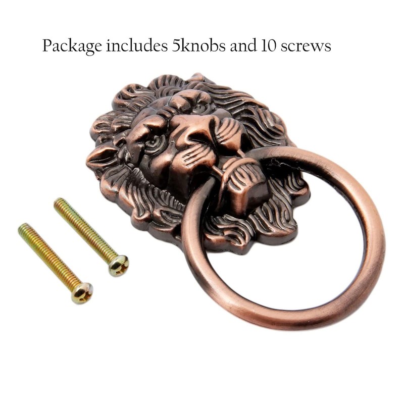 5Pcs Dresser Drawer Cabinet Pull Lion Head Rings Handle Classical