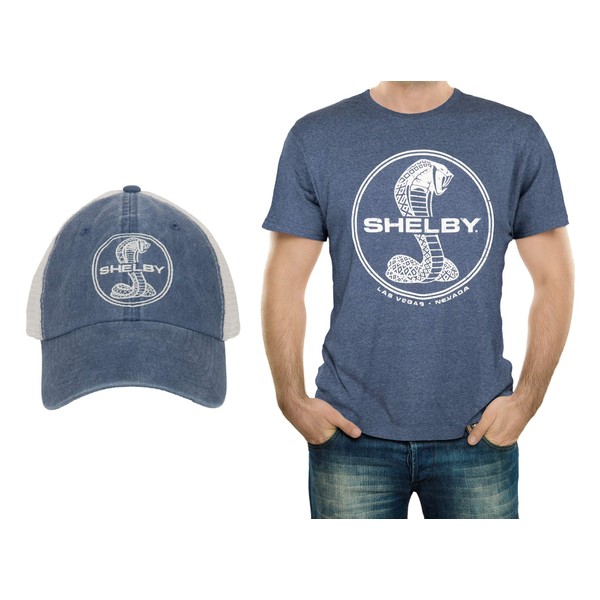 Shelby Cobra Snake Logo T-Shirt and Hat Combo | Preshrunk tee | Low Profile, Six Panel Hat with Adjustable Plastic Snap Closure | Blue | Size-2X