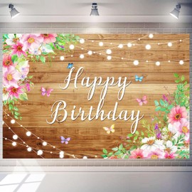 Art_Angels 7 x 5 ft Happy Birthday Backdrop for Women Large Rustic Wooden Board Watercolor Flower Photography Background Girls Birthday Party Decorations Banner Baby Shower Photo Booth Props Supplies