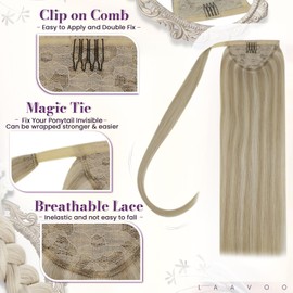 LaaVoo Ponytail Extensions Braid Real Hair Blonde Hair Extensions Braid Extensions Golden Blonde Highlight Medium Blonde Ponytail Extensions Real Hair Remy Human Hair 50 cm #P16/22 80 g