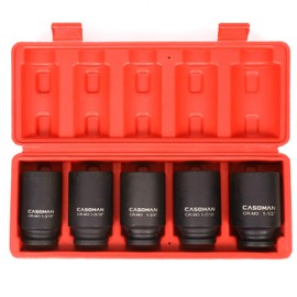 CASOMAN 1/2-Inch Drive Deep Spindle Axle Nut Impact Socket Set, 6 Point, CR-MO, SAE, 1" to 1-1/2", 8-Piece 1/2" Dr. Deep Impact Socket Set