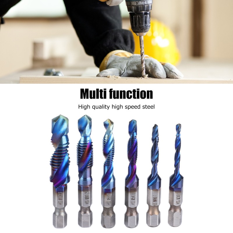 6pcs Spiral Tap Drill Bit Set Blue Plating Coating Hex