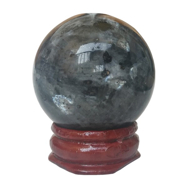 Manekieko Black Labradorite 40 mm Healing Crystal Divination Sphere Sculpture Figure Gemstone Ball, Feng Shui Chakra Aura Home Desk Decor Decorative Collection, with Wooden Stand