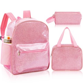 Bulyoou 3 Pcs Pink Glitter Backpack with Lunch Bag Pencil Case Durable & Water-resistant Bookbag for Girls Elementary School Stadium Concert College