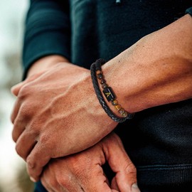 HIMSTORY Initial Bracelet for Men Boys, First Birthday Gifts for Teens Boys Leather Beads Initial Bracelet Natural Stone Bracelets Gifts for Him Husband Dad Grandpa K