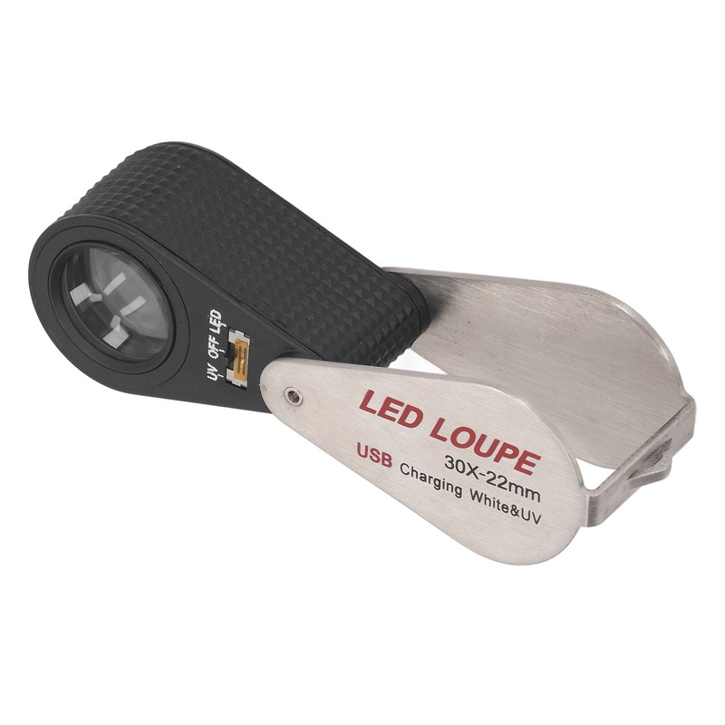 LED UV Loupe Rechargeable Foldable Portable Metal 30X Pocket Magnifier