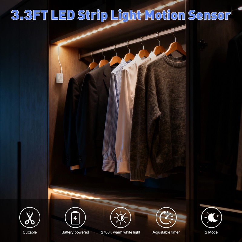 LUXJET Rechargeable Motion Sensor Wardrobe Light, 3.3ft Flexible LED Strip