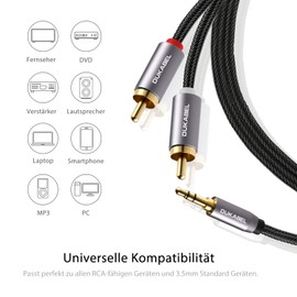 DuKabel Top Series RCA to Jack 3.5 RCA Cable 3.5 mm Jack to 2 Stereo RCA Male HiFi Audio Aux Cable with Nylon Sheath, Metal Housing and 24K Gold-Plated Contacts - 1.2 m