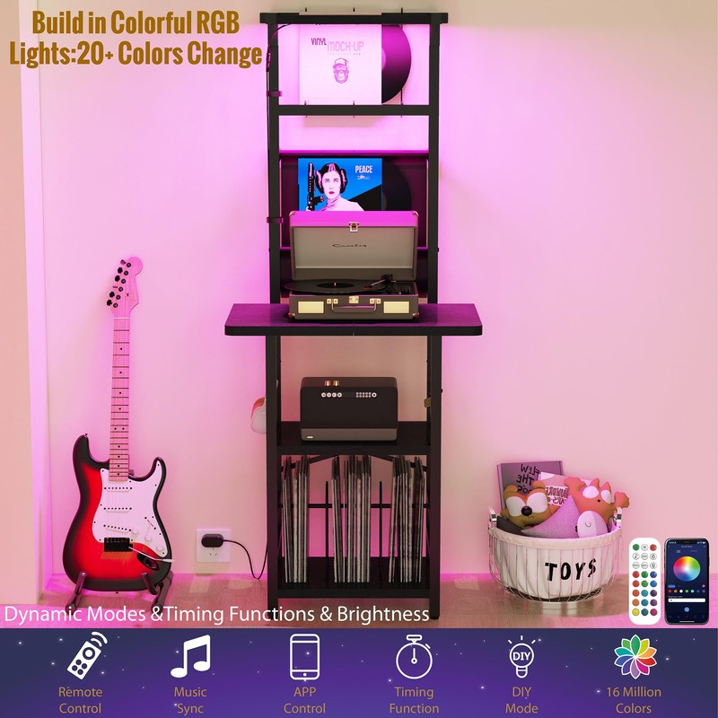 YAKANJ Record Player Stand with Led Light,Record Player Table with