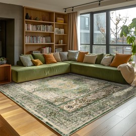 BESTSWEETIE 2x6 Area Rugs Machine Washable No Pile Non Slip Vintage Rugs for Living Room&Bedroom&Dinning Room Bohemian Distressed Carpet Indoor,Green