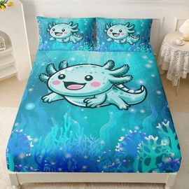 AILONEN Cute Axolotl Kids Fitted Sheet Set Twin Size, Blue Ocean Animal Kawaii Bed Sheet Set Decor,Jellyfish Coral Twin Fitted Sheet with 2 Pillowcases,3 Pieces