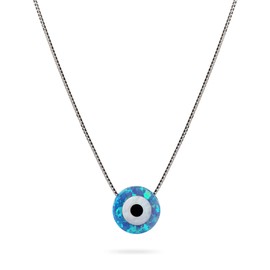 Evil Eye Necklace 925 Sterling Silver Synthetic Blue Opal Pendant Adjustable Length 41cm+5cm Extension
