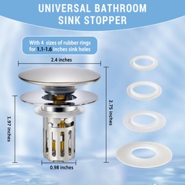 Bathroom Sink Drain Stopper Strainer, Upgraded Stainless Steel Pop Up Sink Drain Stopper for 1.06-1.6 in, Drain Plug Filter with Removable Hair Catcher, Metal Body, Big Button (Silver)