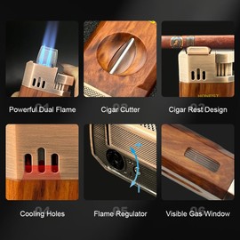 Cigar Lighter, Super Dual Jet Flame, All-in-One Lighter with V Cutter and Cigar Holder, Refillable Butane Cigar Torch Lighter with Visible Window, Ideal Gift for Men, Father and Husband