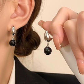 Allereya Vintage Round Onyx Drop Earrings Silver Onyx Ball Earrings Black Gemstone Dangle Earrings Gemstone Onyx Earrings Black Pearl Earrings Jewelry for Women