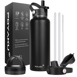 Water Bottle Insulated 32oz 40oz 64oz 128oz Straw Lid Spout Lid & 3 Lids, Leak Proof, Vacuum Insulated,Stainless Steel Water Bottle Wide Mouth for Sports, Gym or Office (Magic Black, 40 oz)