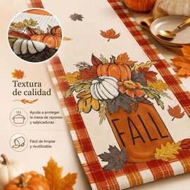 TAGNEFLOR Camino de Mesa de Otoño con Calabazas y Hojas de Arce, Decoración para Acción de Gracias, Halloween, Día de Muertos, 33 x 182 cm de Largo, para Decorar cocinas y comedores domésticos (C)