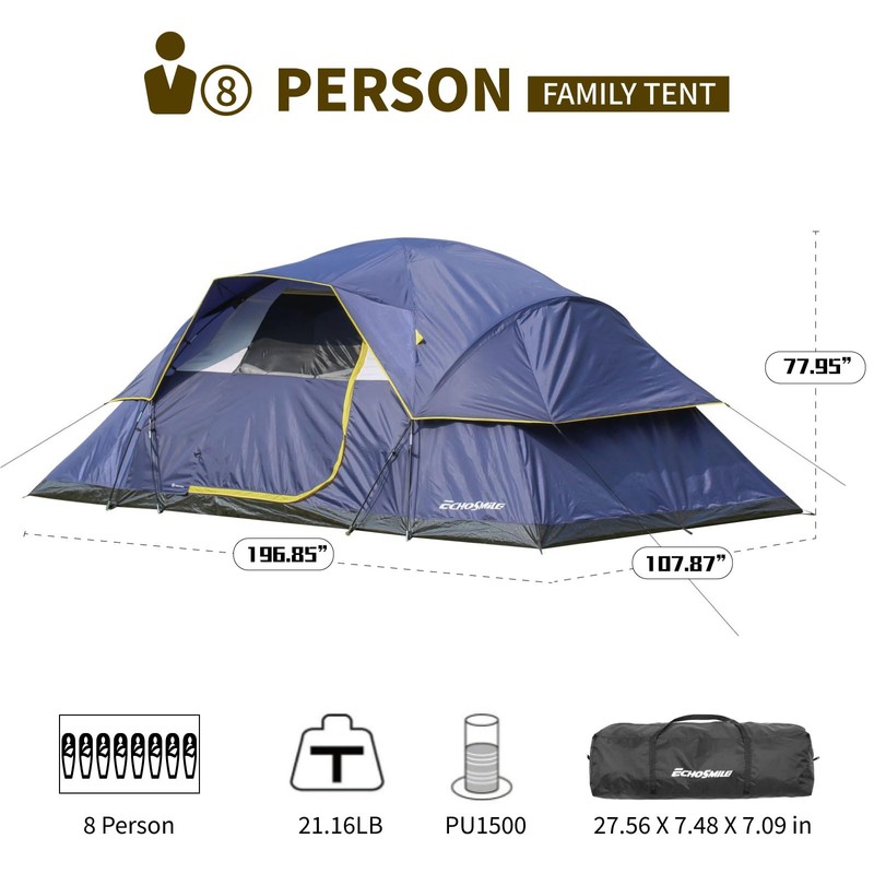 EchoSmile 8-Person Camping Tent – Waterproof Windproof Tent with Rainfly