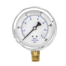 PIC Gauge 201L-402E 4" Dial, 0/100 psi Range, 1/2" Male NPT Connection Size, Bottom Mount Glycerine Filled Pressure Gauge with a Stainless Steel Case, Brass Internals, Stainless Steel Bezel, and Polycarbonate Lens