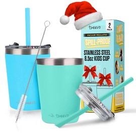 tweevo Vasos para niños con tapas de rosca a prueba de derrames, vaso para niños, 8.5 onzas, vasos de acero inoxidable para niños con pajitas y tapas y cepillo para polvo para pajitas, adorables tazas a prueba de derrames para niños, paquete de 2 (azul y