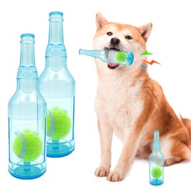 Cxqbsmy 2-Pack Squeaky Dog Chew Toys, Indestructible Dog Chew Toys, Plastic Bottle Toys for Dogs with Tennis Ball, Dogs Dental Care Teeth Cleaning Toy for Large and Small Dog (2 PCS Blue, Small)