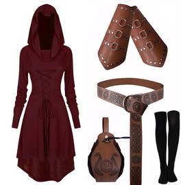 CNVAUIE Mittelalter Kleidung Kostüm Damen Set Mittelalterliches Kapuzenkleid Set Renaissance Kostüm Set mit Armschützern Gürtel Gürteltasche Strümpfe Zubehör (Weinrot, XL)