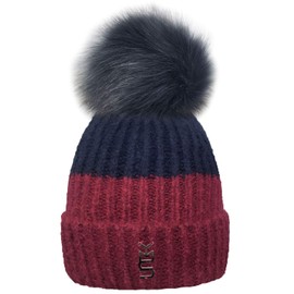 TOSKATOK® Ladies Womens Winter Warm Cosy Two Tone Beanie Bobble Hat with Large Faux Fur Pom Pom RED/Navy