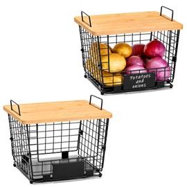 2 Set Stackable Wire Basket with Bamboo Top, Kitchen Counter, Pantry Organizer and Storage, Produce Onion Potato Fruits Vegs Bread Food Snack Spice Organizing Bin for Cabinet Shelf Countertop Floor, L