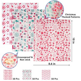 YBB 150Pcs Christmas Deli Wax Paper Sheets for Food, 3 Patterns Basket Liners Food Picnic Paper Sheets Greaseproof Deli Wrapping Sheets, 10 x 8.6 Inch (Christmas)