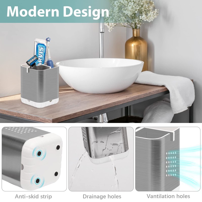 Boperzi Toothbrush Holder Toothpaste Organizer Drainage for Bathroom Vanity, Detachable