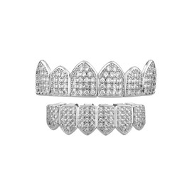 YOSZO Grillz Teeth Men 18K Plated Gold Grills for Your Teeth Jewelry Hip Hop Diamond CZ Top Bottom Grills Mouth Tooth Cap (Silver)