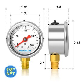 MEANLIN MEASURE 2pcs 0~200Psi Stainless Steel Liquid Filled, 1/8" NPT 1.5" Glycerin Filled Pressure Gauge, Water Oil Air, Lower Mount, with 1/8" x 1/4" NPT and 1/8" x 3/8" NPT Hex Bushing