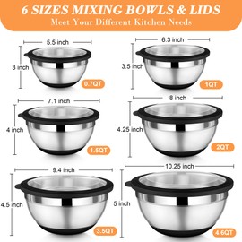 TeamFar Mixing Bowls, 4.6/3.5/2/1.5/1/0.7 QT Stainless Steel Metal Nesting Salad Bowls with Airtight Lids, For Mixing Serving Prepping, Healthy & Heavy Duty, Non-Slip & Visible, Black, Set of 6