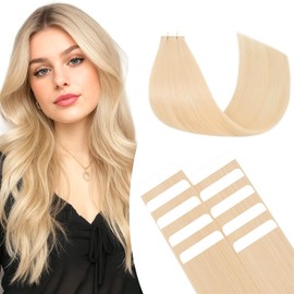TESSHAIR Tape in Hair Extensions Human Hair Thin Type 10 Pcs Invisible Skin Weft Remy Real Hair Extension Tapes Natural Tape Extensions for Women Girls(Bleach White, 15g) - 12Inch