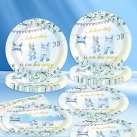 75PCS Greenery Baby Shower Plates and Napkins Decorations Party Favors, 7Inch A Sweet Baby Is on His Way Baby Boy Shower Paper Plates Disposable Dessert Tableware Party Supplies