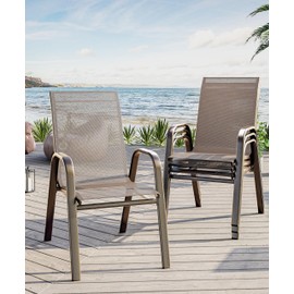 Outdoor Stackable Dining Chairs Set of 4, High-Back Patio Stacking Chairs, Patio Chairs with Textilene Farbic & Metal Frame for Lawn Backyard Deck Garden,Brown