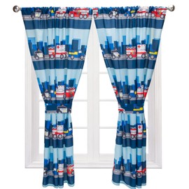 Boys Curtains for Fire and Police Rescue Themed Bedroom Décor with Trucks and Cars; 4-Pc First Responder Kid Curtains with 2 Panels 82" x 63" Total Size and 2 Tiebacks; Classroom and Nursery Curtains