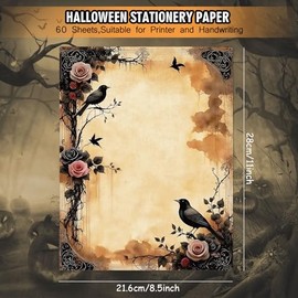 Whaline 60 hojas de papel de papelería de Halloween, 4 bordes de estilo gótico, papel de escritura vintage con calavera, castillo de rosas, para invit