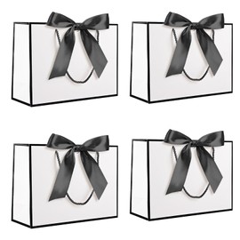 Yiran 4Pcs Medium White Black Gift Bag with Greeting Handles and Ribbon for Girls Boys Wedding Party Christmas Valentines Wrapping Bag Decorations Supplies