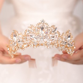 wekicici Wekicici Crystal Tiara Crowns Princess Rhinestone Crown with Combs Bridal Headbands Wedding Costume Prom Birthday Birthday Party Hair Accessories for Women Girls (Style3), gold