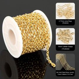 YOUBEIYEE 5 Meters 18K Gold Plated Jewelry Chains Bulk Diamond Cut Cable Chain Link Light Gold Chain Necklace DIY for Men and Women